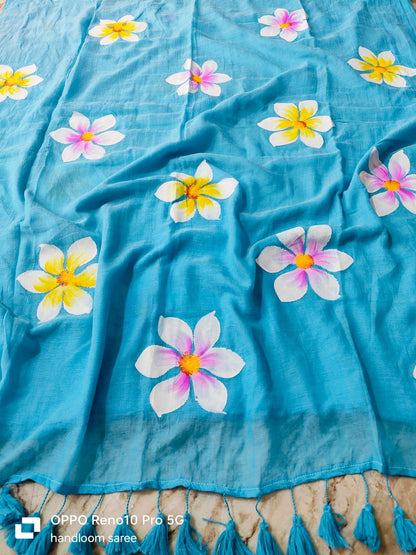 Hand painted mul cotton saree