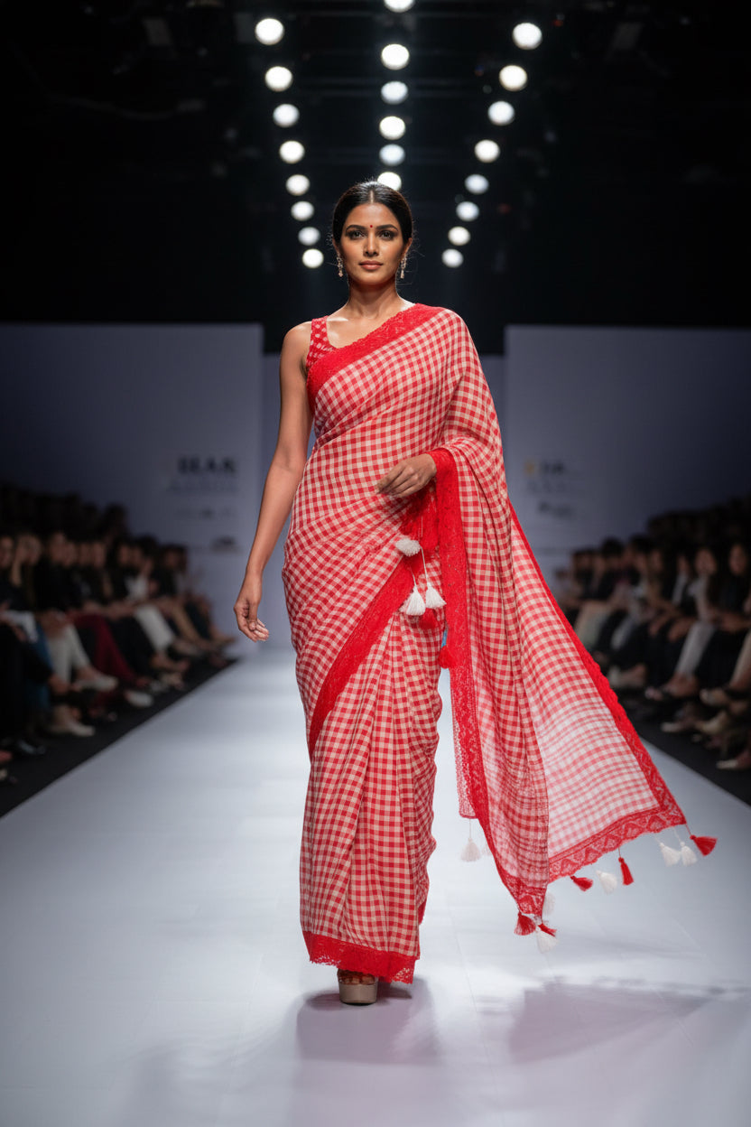Red and white checkered fabric with tassels on a marble surface