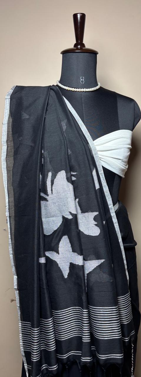 Midnight Black Floral Weave Saree